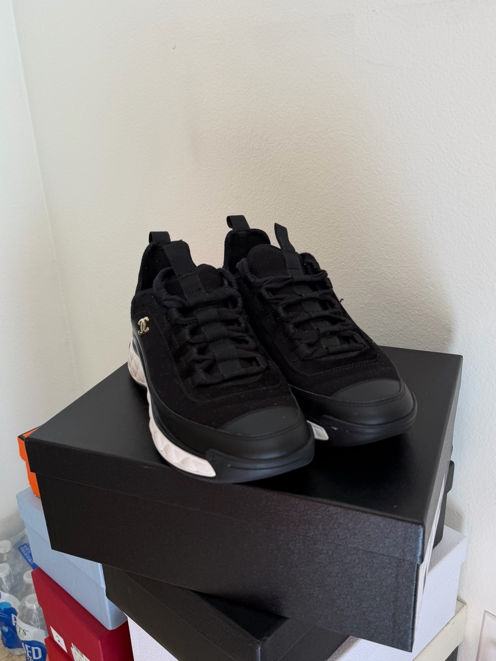 CHANEL Black and White Quilted-Sole Sneakers with Gold CC - Picture 2 of 8